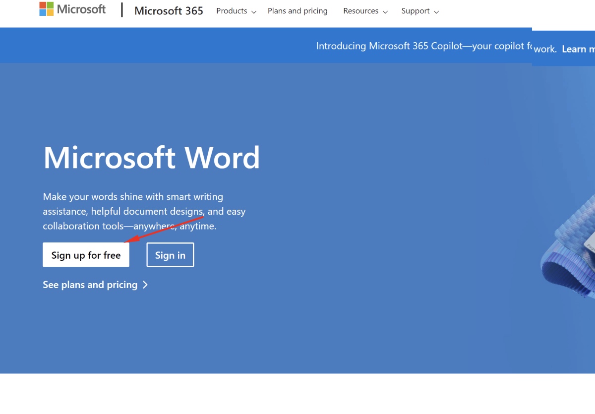 Microsoft word sign up page